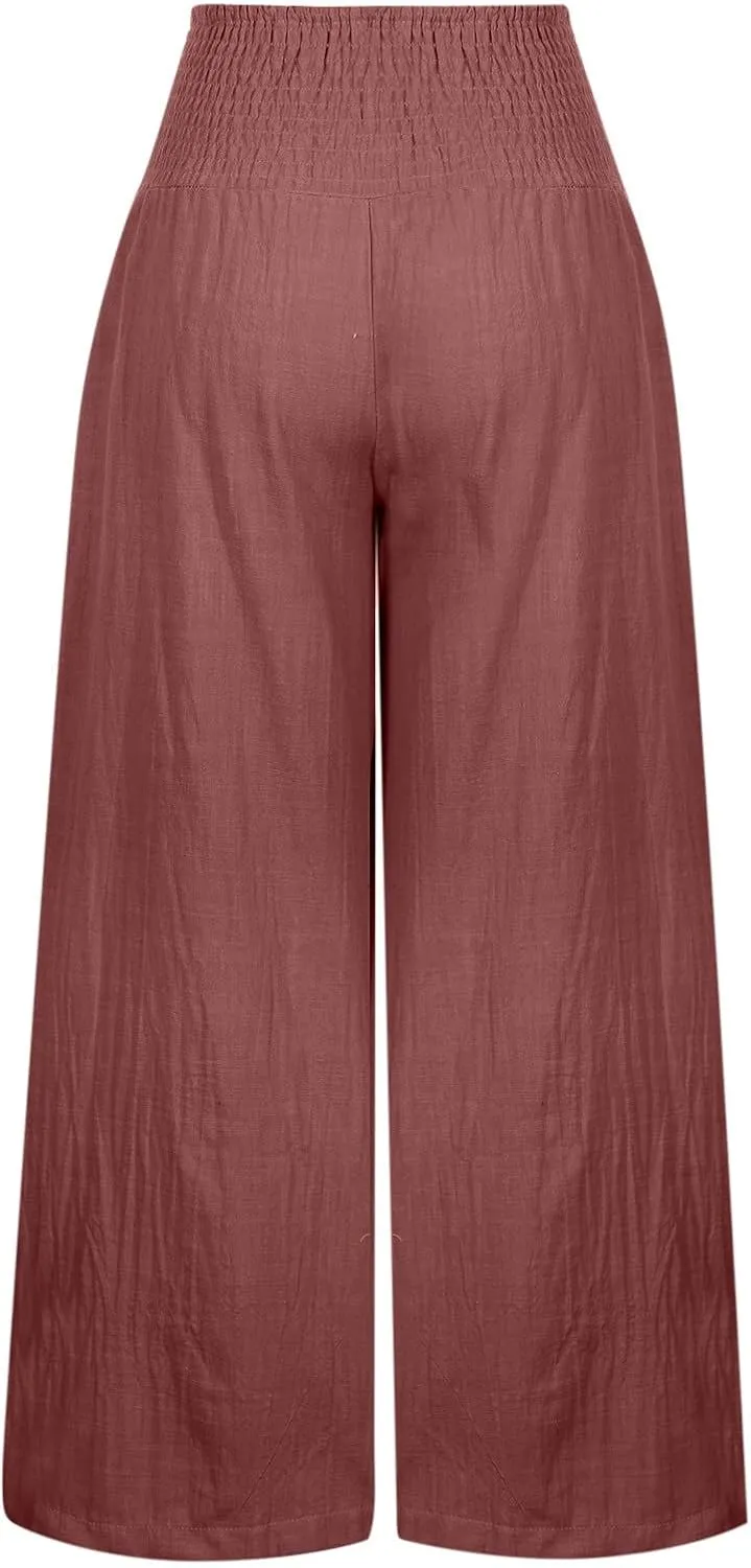 Women Linen Palazzo Pants Summer Wide Leg Pants Casual Beach Lounge Trousers High Waist Pants Pockets Boho Work Pants
