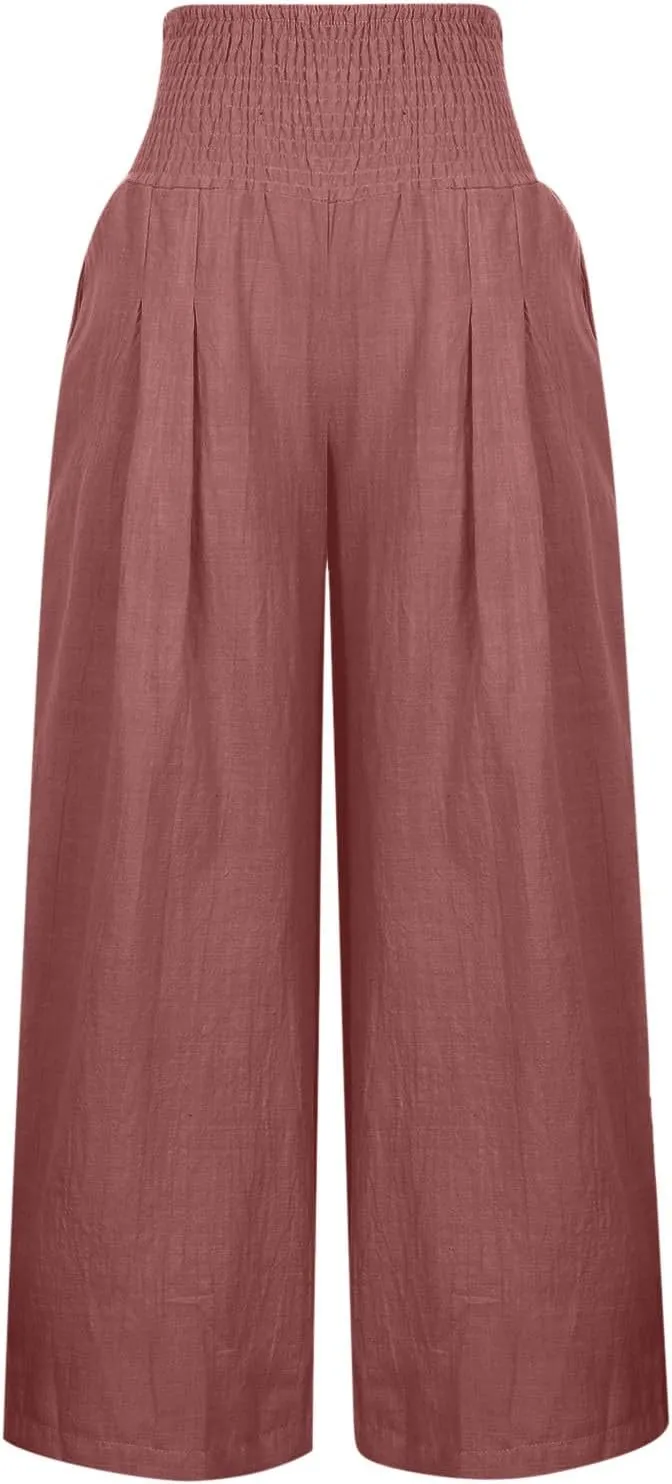 Women Linen Palazzo Pants Summer Wide Leg Pants Casual Beach Lounge Trousers High Waist Pants Pockets Boho Work Pants