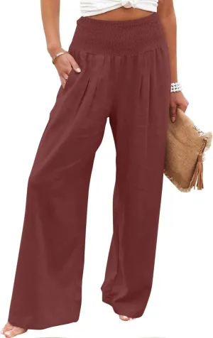 Women Linen Palazzo Pants Summer Wide Leg Pants Casual Beach Lounge Trousers High Waist Pants Pockets Boho Work Pants