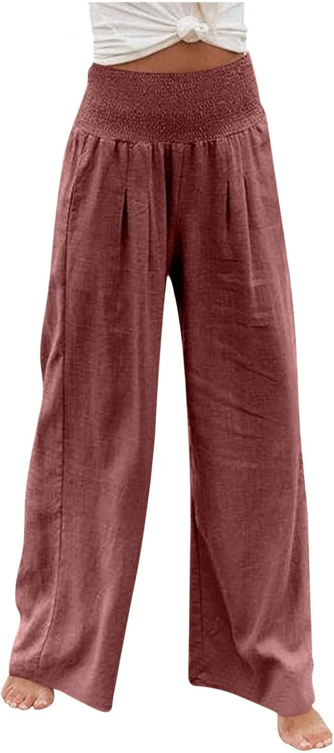 Women Linen Palazzo Pants Summer Wide Leg Pants Casual Beach Lounge Trousers High Waist Pants Pockets Boho Work Pants