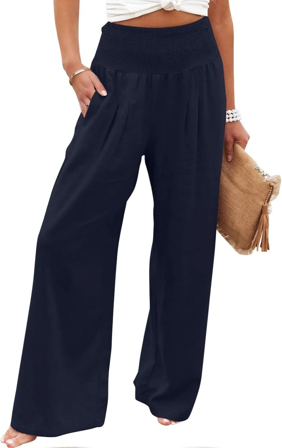 Women Linen Palazzo Pants Summer Wide Leg Pants Casual Beach Lounge Trousers High Waist Pants Pockets Boho Work Pants