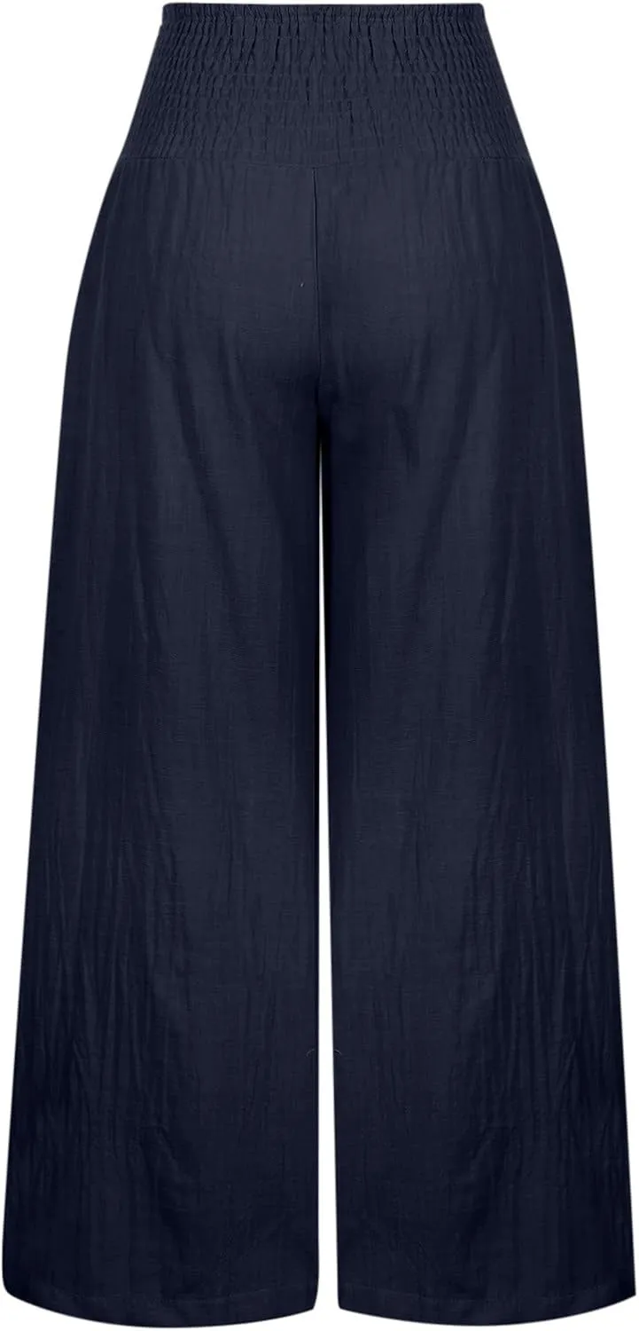 Women Linen Palazzo Pants Summer Wide Leg Pants Casual Beach Lounge Trousers High Waist Pants Pockets Boho Work Pants