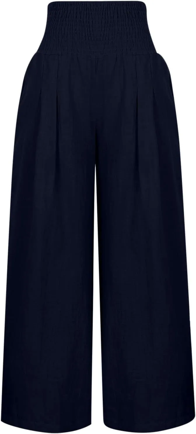 Women Linen Palazzo Pants Summer Wide Leg Pants Casual Beach Lounge Trousers High Waist Pants Pockets Boho Work Pants