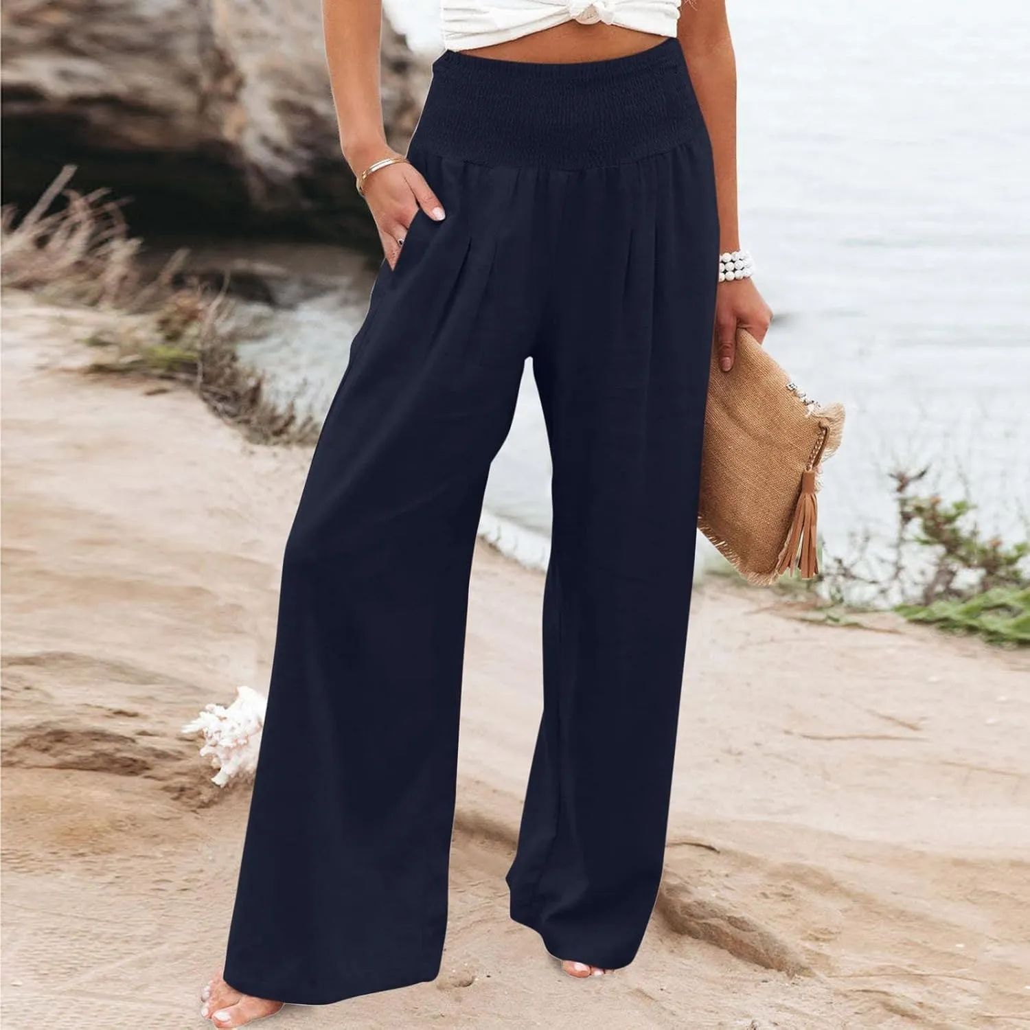 Women Linen Palazzo Pants Summer Wide Leg Pants Casual Beach Lounge Trousers High Waist Pants Pockets Boho Work Pants
