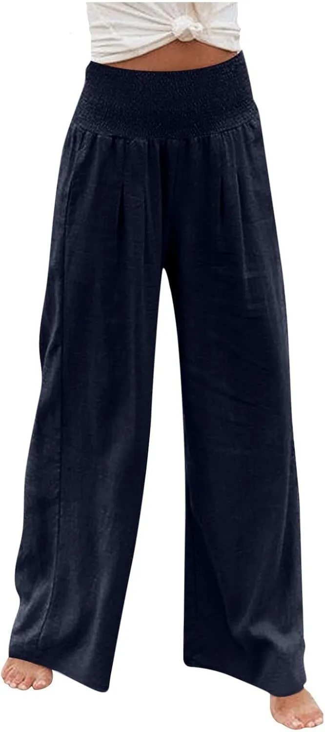 Women Linen Palazzo Pants Summer Wide Leg Pants Casual Beach Lounge Trousers High Waist Pants Pockets Boho Work Pants
