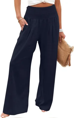 Women Linen Palazzo Pants Summer Wide Leg Pants Casual Beach Lounge Trousers High Waist Pants Pockets Boho Work Pants