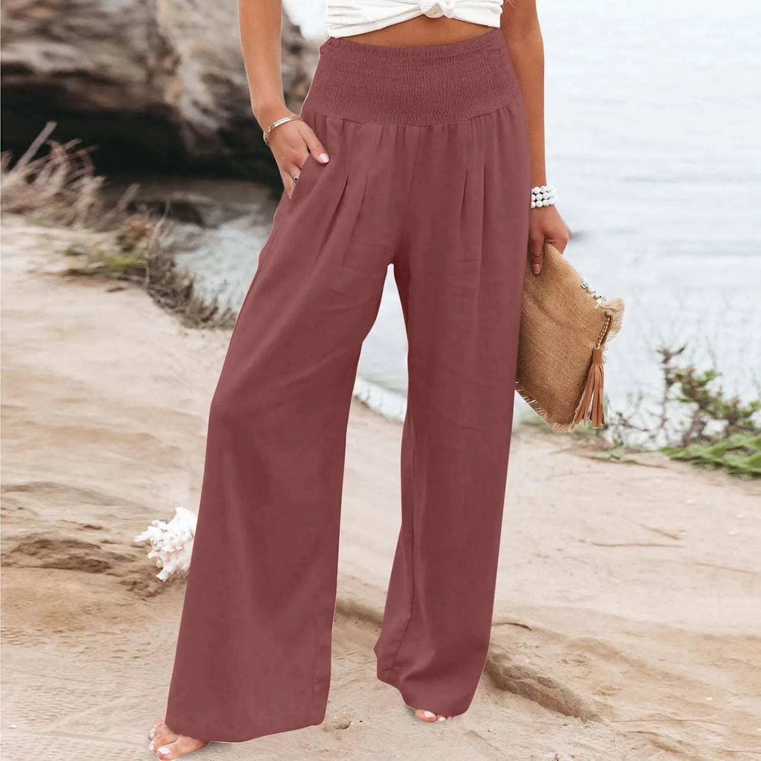 Women Linen Palazzo Pants Summer Wide Leg Pants Casual Beach Lounge Trousers High Waist Pants Pockets Boho Work Pants
