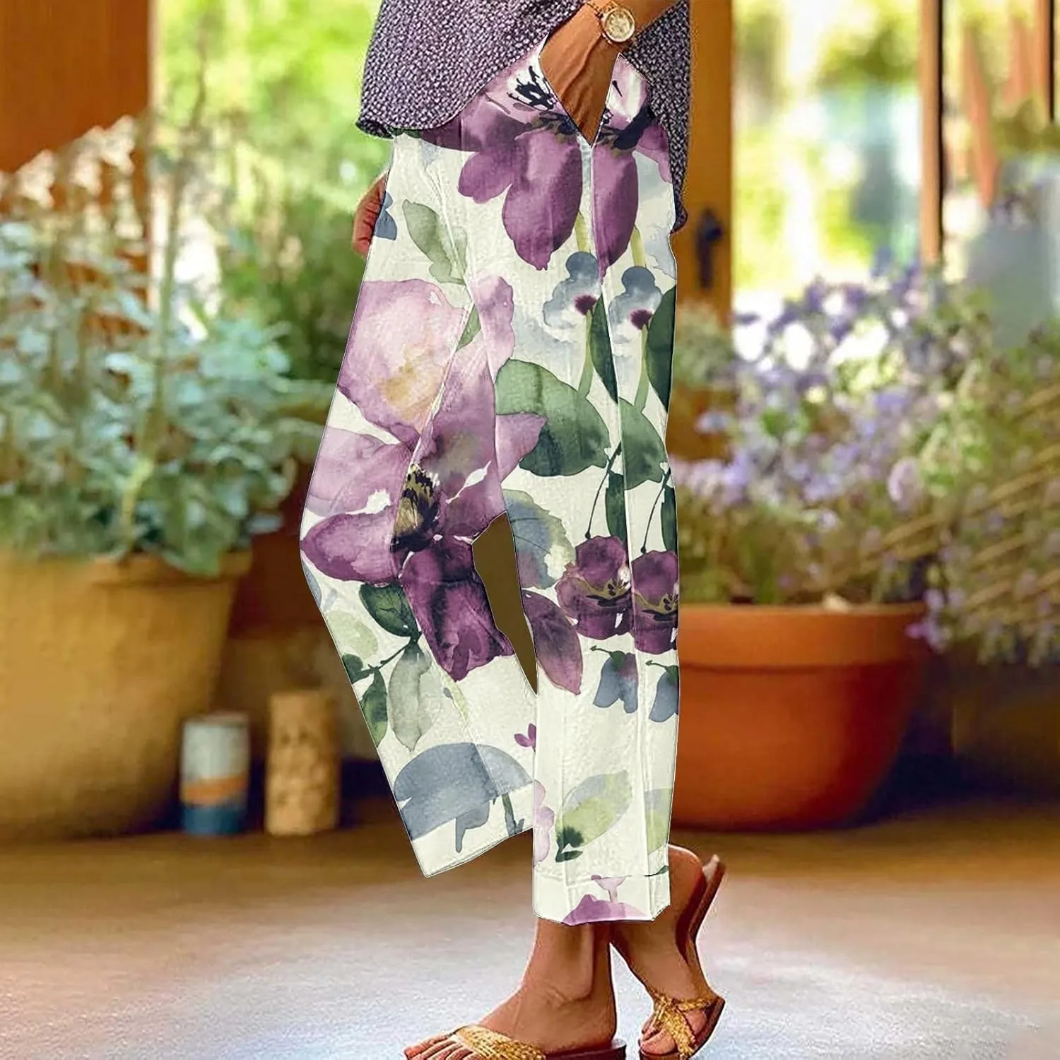 Women Linen Pants Loose Pocket Casual Cotton and Linen Pants Flowy Wide Leg Beach Trousers with Pockets Linen Capris