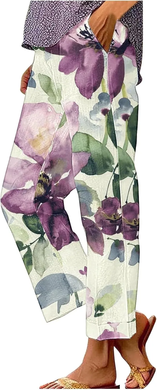 Women Linen Pants Loose Pocket Casual Cotton and Linen Pants Flowy Wide Leg Beach Trousers with Pockets Linen Capris