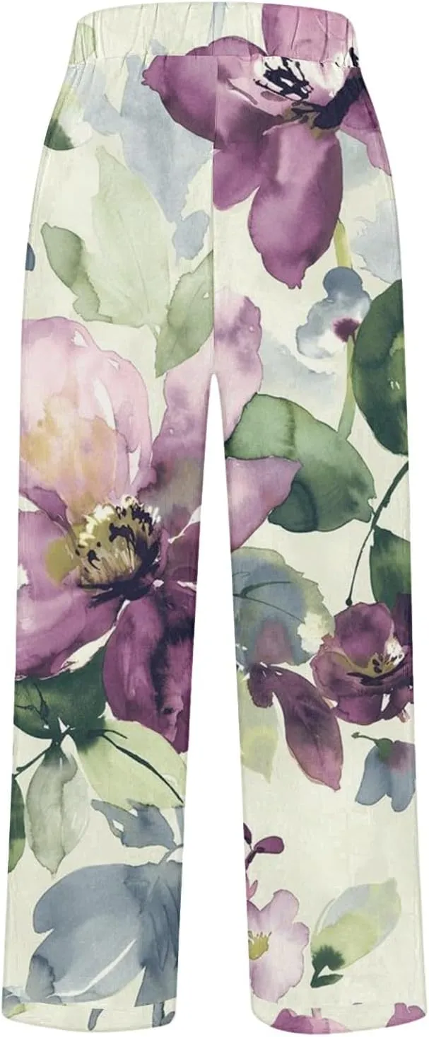 Women Linen Pants Loose Pocket Casual Cotton and Linen Pants Flowy Wide Leg Beach Trousers with Pockets Linen Capris