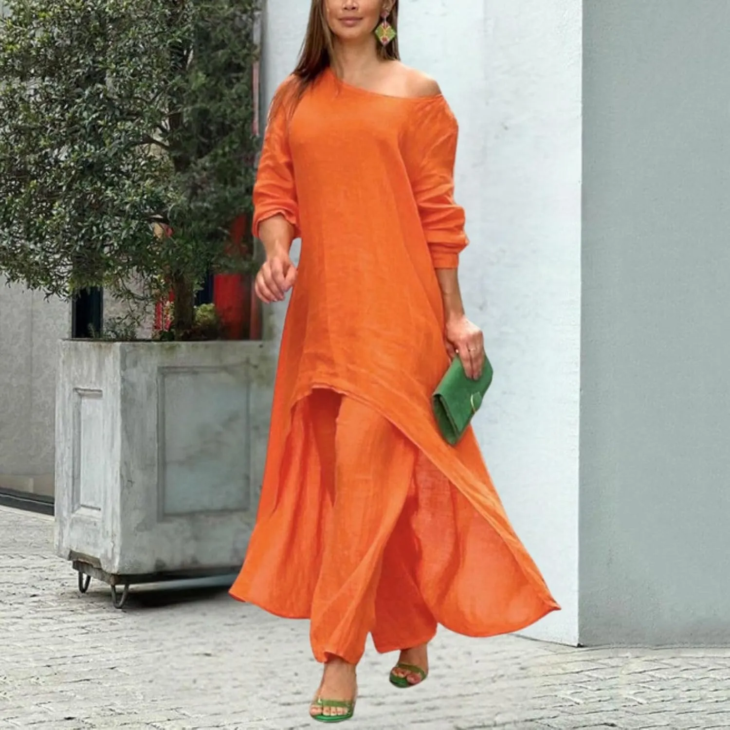 Women Linen Set - 2 Piece Linen Outfits with 3/4 Sleeve Dress & Wide Leg Pants