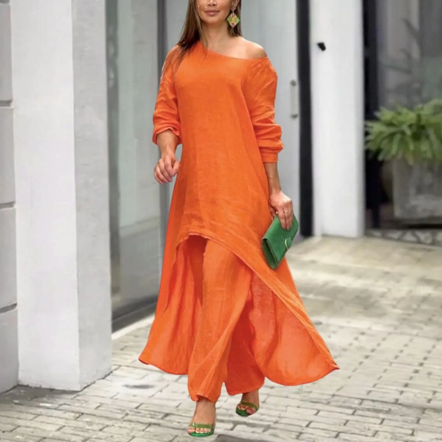 Women Linen Set - 2 Piece Linen Outfits with 3/4 Sleeve Dress & Wide Leg Pants