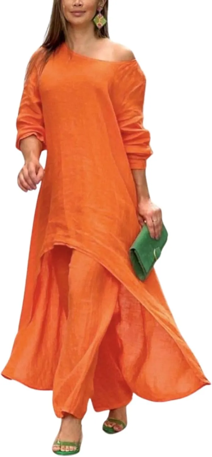 Women Linen Set - 2 Piece Linen Outfits with 3/4 Sleeve Dress & Wide Leg Pants