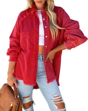 Women Long Sleeve Denim Jacket Oversized Lapel Button Up Shacket Casual Boyfriend Western Trucker Jean Jackets
