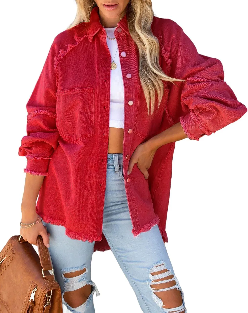 Women Long Sleeve Denim Jacket Oversized Lapel Button Up Shacket Casual Boyfriend Western Trucker Jean Jackets