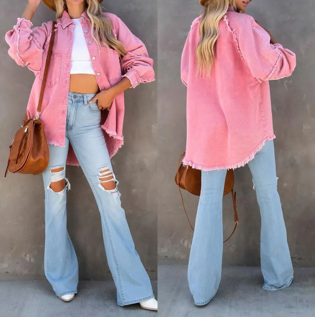 Women Long Sleeve Denim Jacket Oversized Lapel Button Up Shacket Casual Boyfriend Western Trucker Jean Jackets