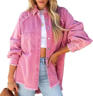 Women Long Sleeve Denim Jacket Oversized Lapel Button Up Shacket Casual Boyfriend Western Trucker Jean Jackets