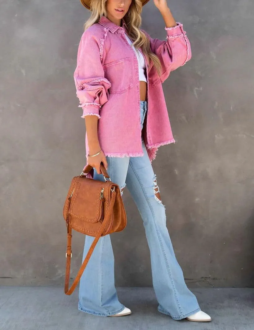Women Long Sleeve Denim Jacket Oversized Lapel Button Up Shacket Casual Boyfriend Western Trucker Jean Jackets