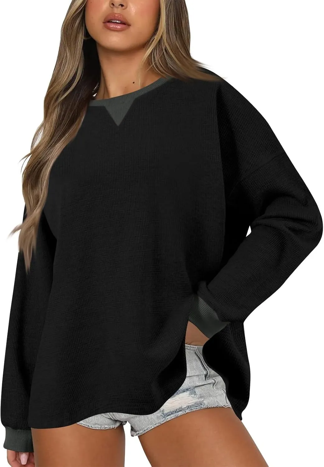 Women Oversized Sweatshirt Casual Long Sleeve Crewneck Waffle Knit Tops Trendy Loose Fall Tops Color Block Pullover