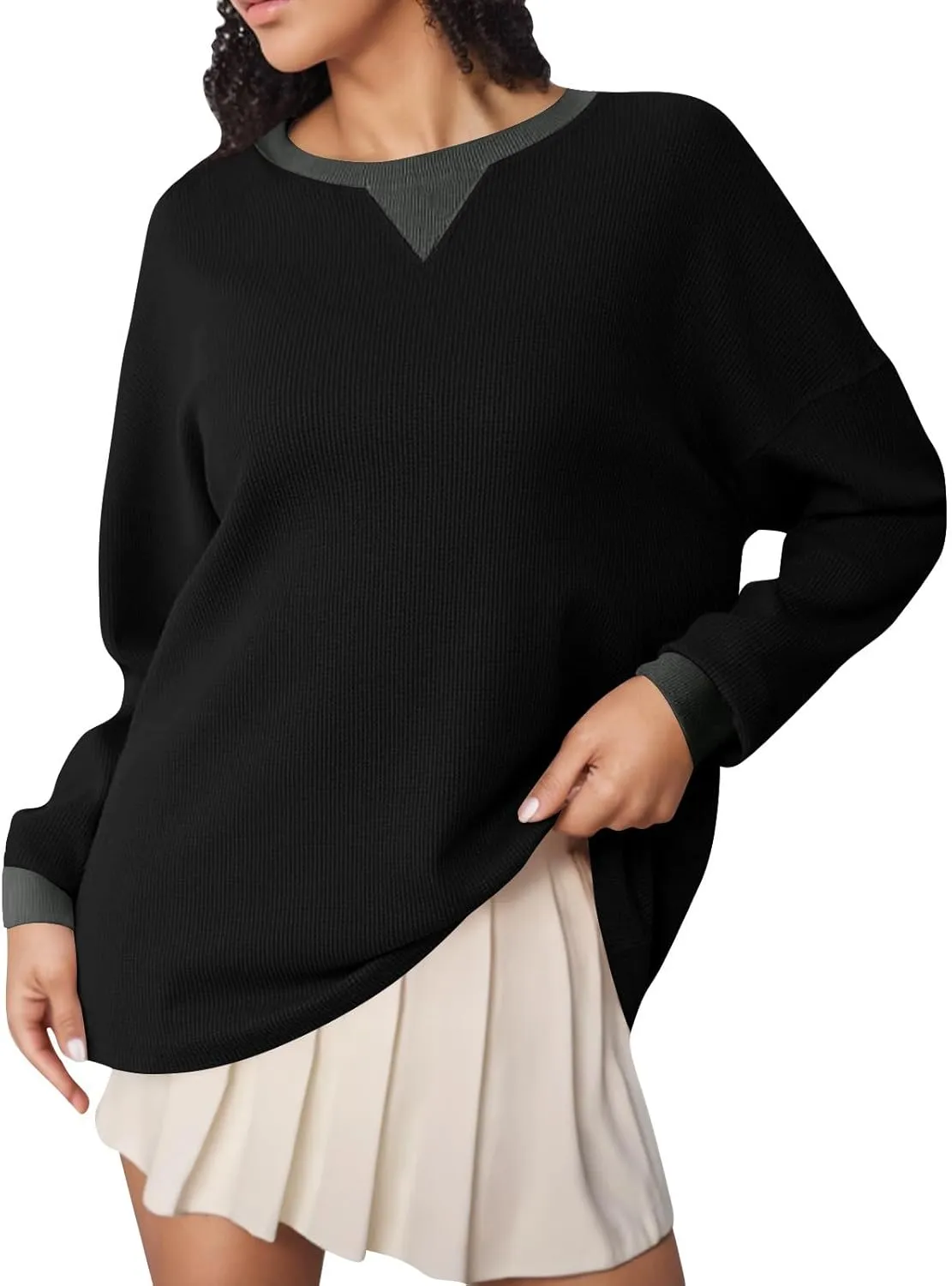 Women Oversized Sweatshirt Casual Long Sleeve Crewneck Waffle Knit Tops Trendy Loose Fall Tops Color Block Pullover