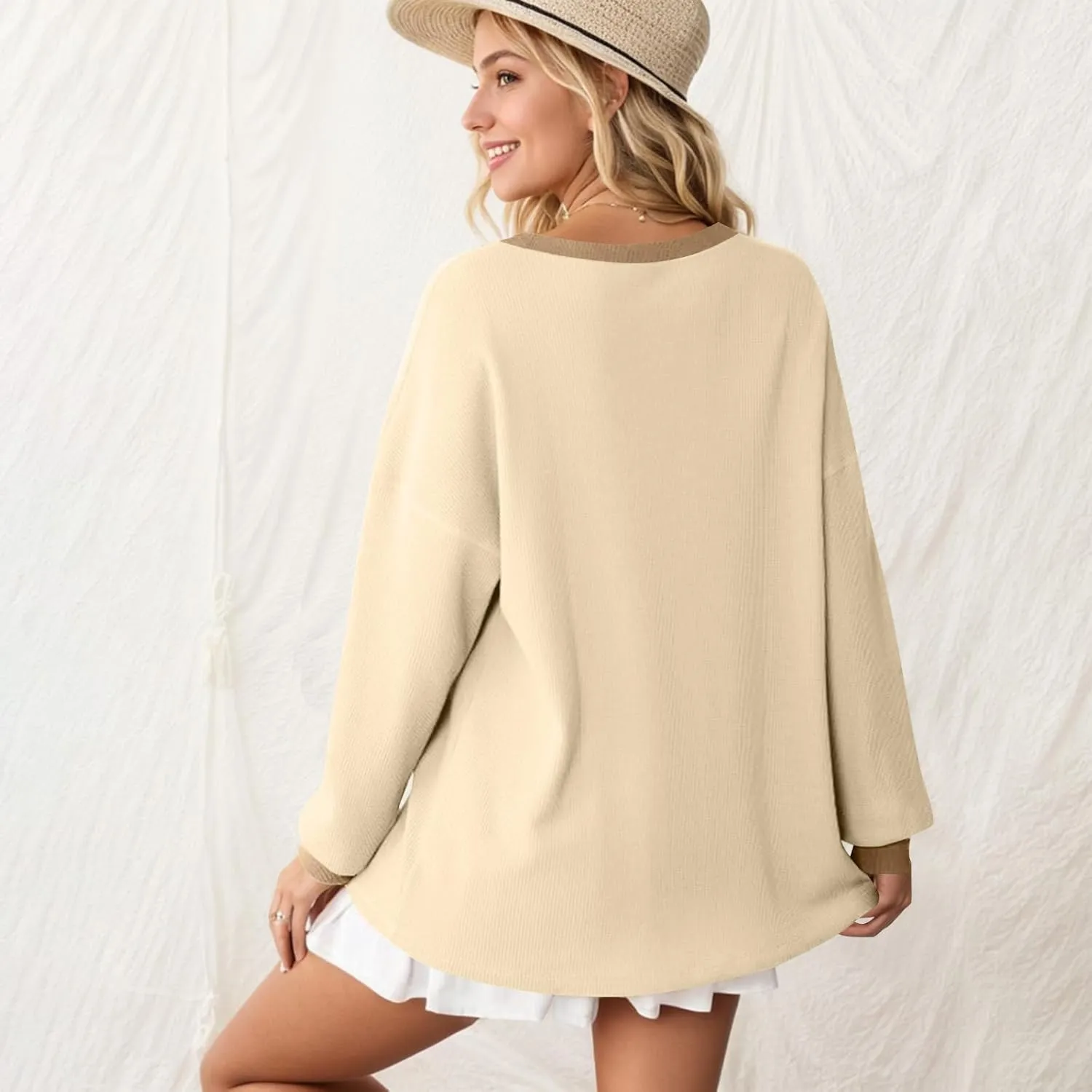 Women Oversized Sweatshirt Casual Long Sleeve Crewneck Waffle Knit Tops Trendy Loose Fall Tops Color Block Pullover
