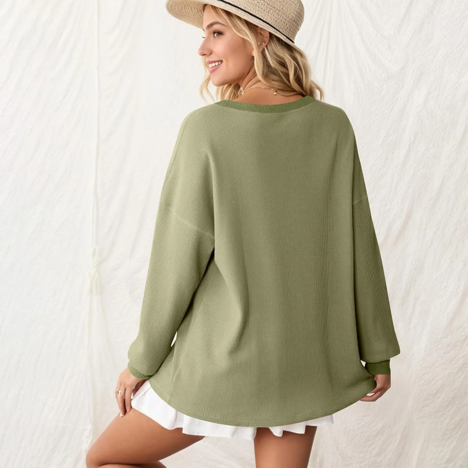 Women Oversized Sweatshirt Casual Long Sleeve Crewneck Waffle Knit Tops Trendy Loose Fall Tops Color Block Pullover