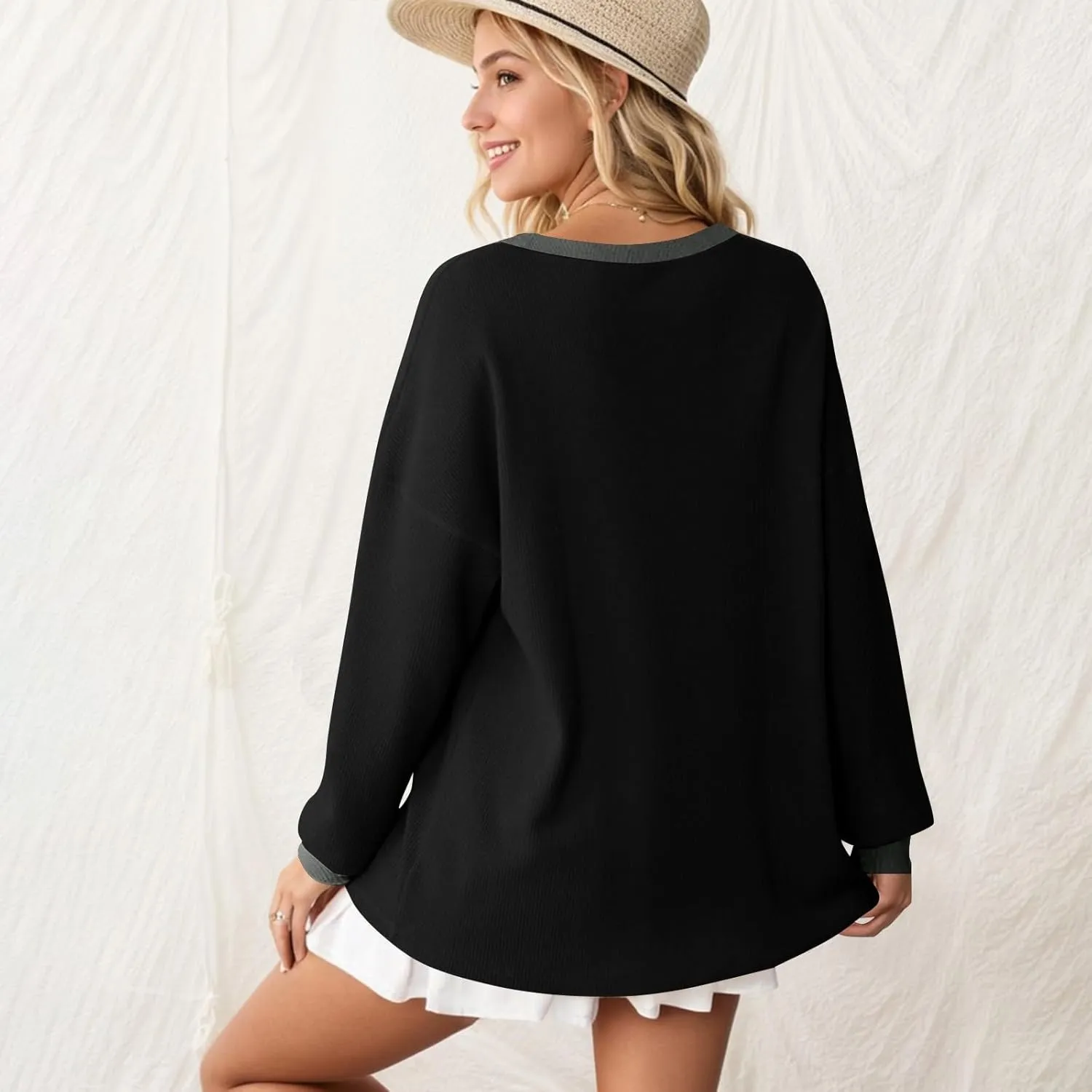 Women Oversized Sweatshirt Casual Long Sleeve Crewneck Waffle Knit Tops Trendy Loose Fall Tops Color Block Pullover