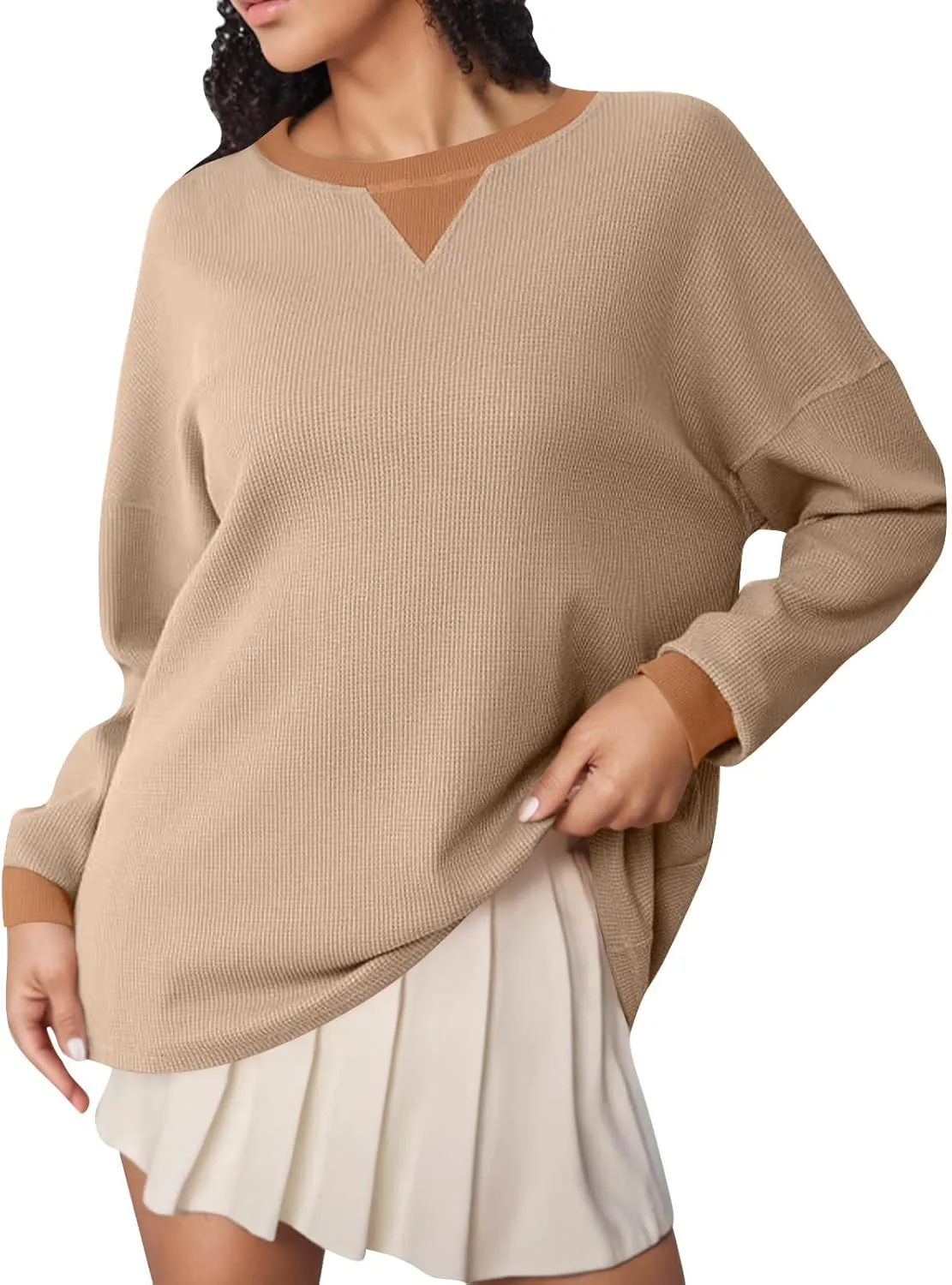 Women Oversized Sweatshirt Casual Long Sleeve Crewneck Waffle Knit Tops Trendy Loose Fall Tops Color Block Pullover