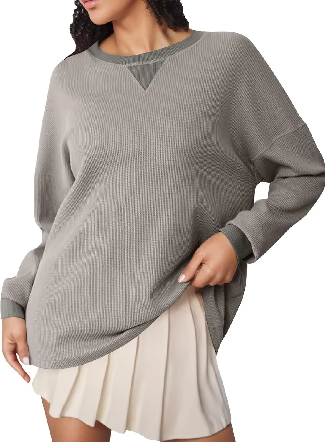 Women Oversized Sweatshirt Casual Long Sleeve Crewneck Waffle Knit Tops Trendy Loose Fall Tops Color Block Pullover
