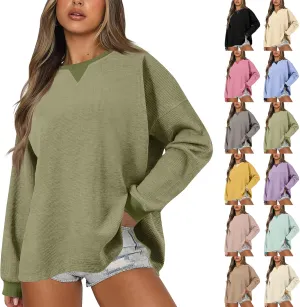 Women Oversized Sweatshirt Casual Long Sleeve Crewneck Waffle Knit Tops Trendy Loose Fall Tops Color Block Pullover