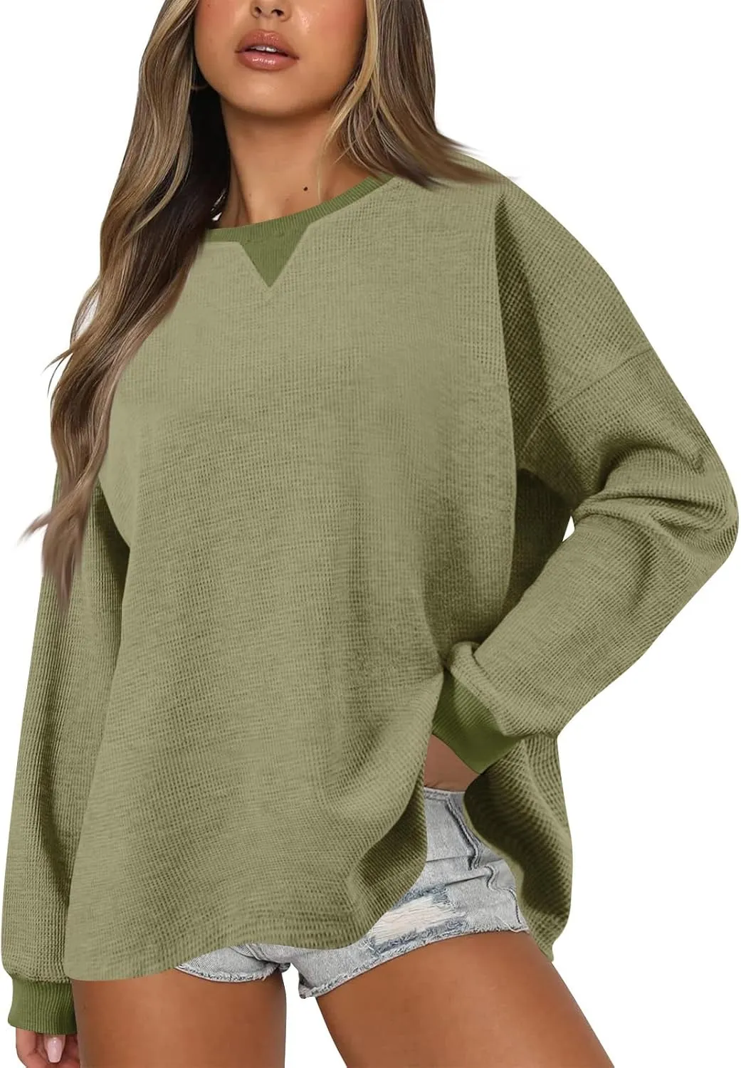 Women Oversized Sweatshirt Casual Long Sleeve Crewneck Waffle Knit Tops Trendy Loose Fall Tops Color Block Pullover