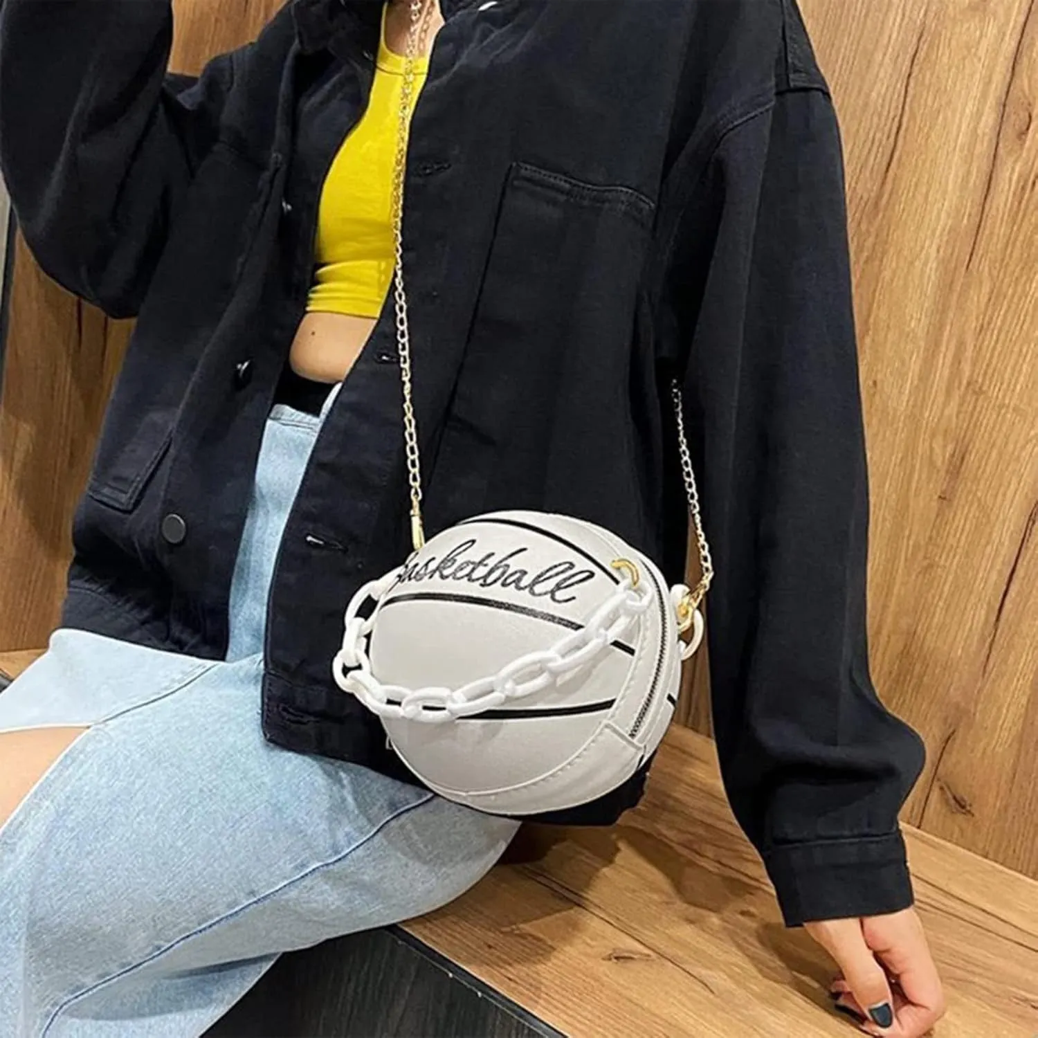 Women Shoulder Bag Chain Basketball Shaped Purse Round Body Handbag Clutch Wallets