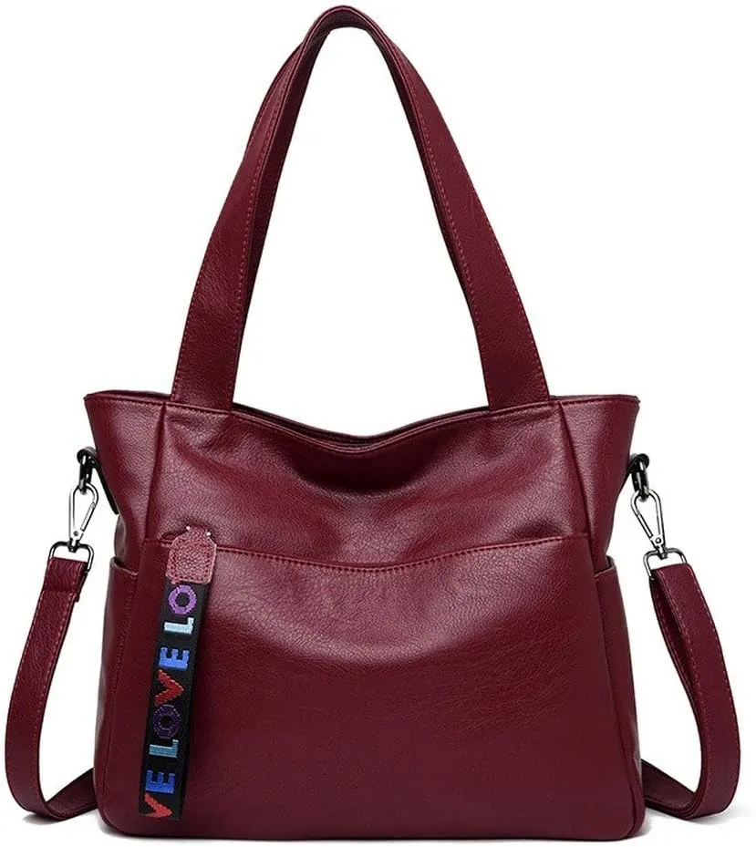 Women Shoulder Tote Zipper Purse PU Leather Top-handle Satchel Bags Ladies Medium (wine red)