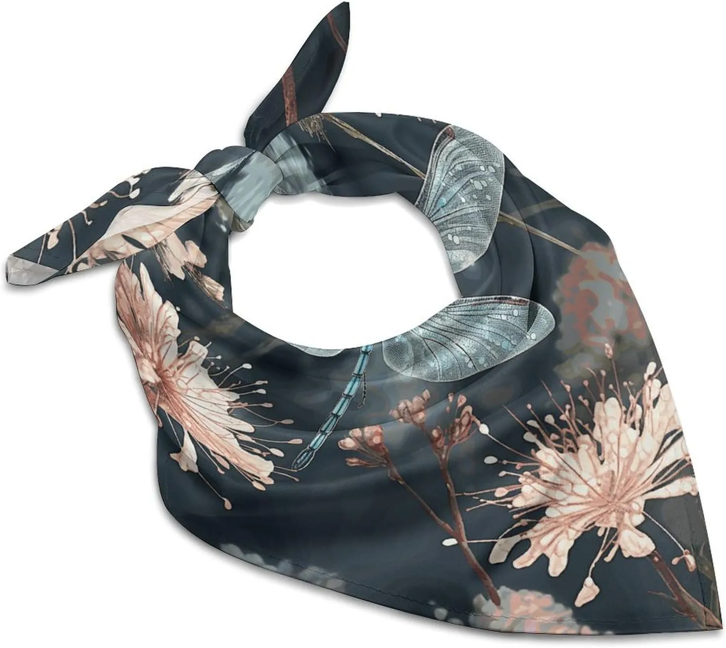 Women Square Head Scarf Boho Hair Scarf Dragonfly Flower Head Kerchief Woman Headband Satin Bandanas Fashion Neck Scarves Silk Headwear for Bag Hair Scarves Gift 18"18"