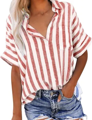 Women Striped Button Down Shirts Cotton Linen Blouse Tops Short Sleeve Collar Guaze Shirt Trendy Vacation Work Clothes