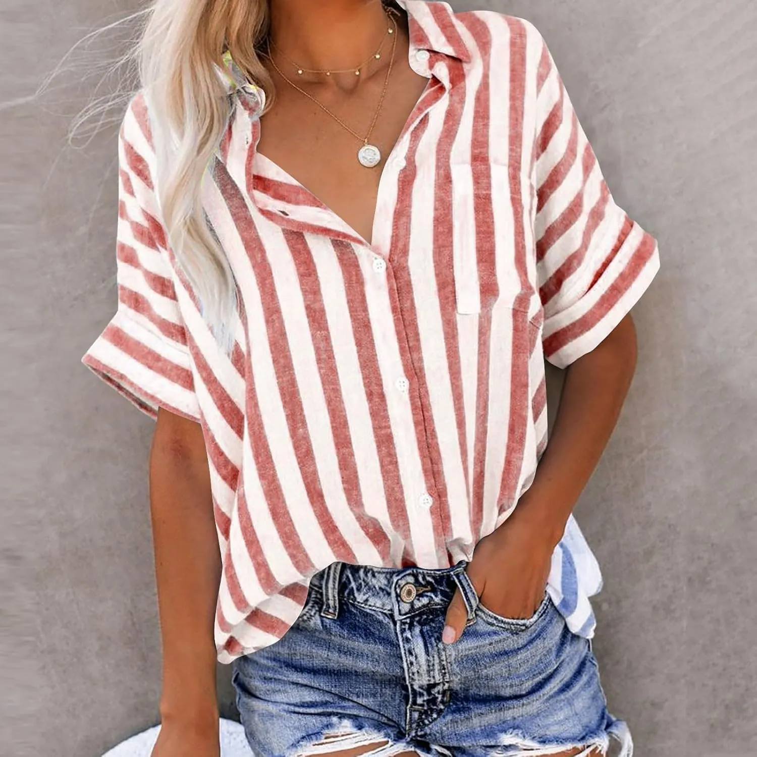 Women Striped Button Down Shirts Cotton Linen Blouse Tops Short Sleeve Collar Guaze Shirt Trendy Vacation Work Clothes