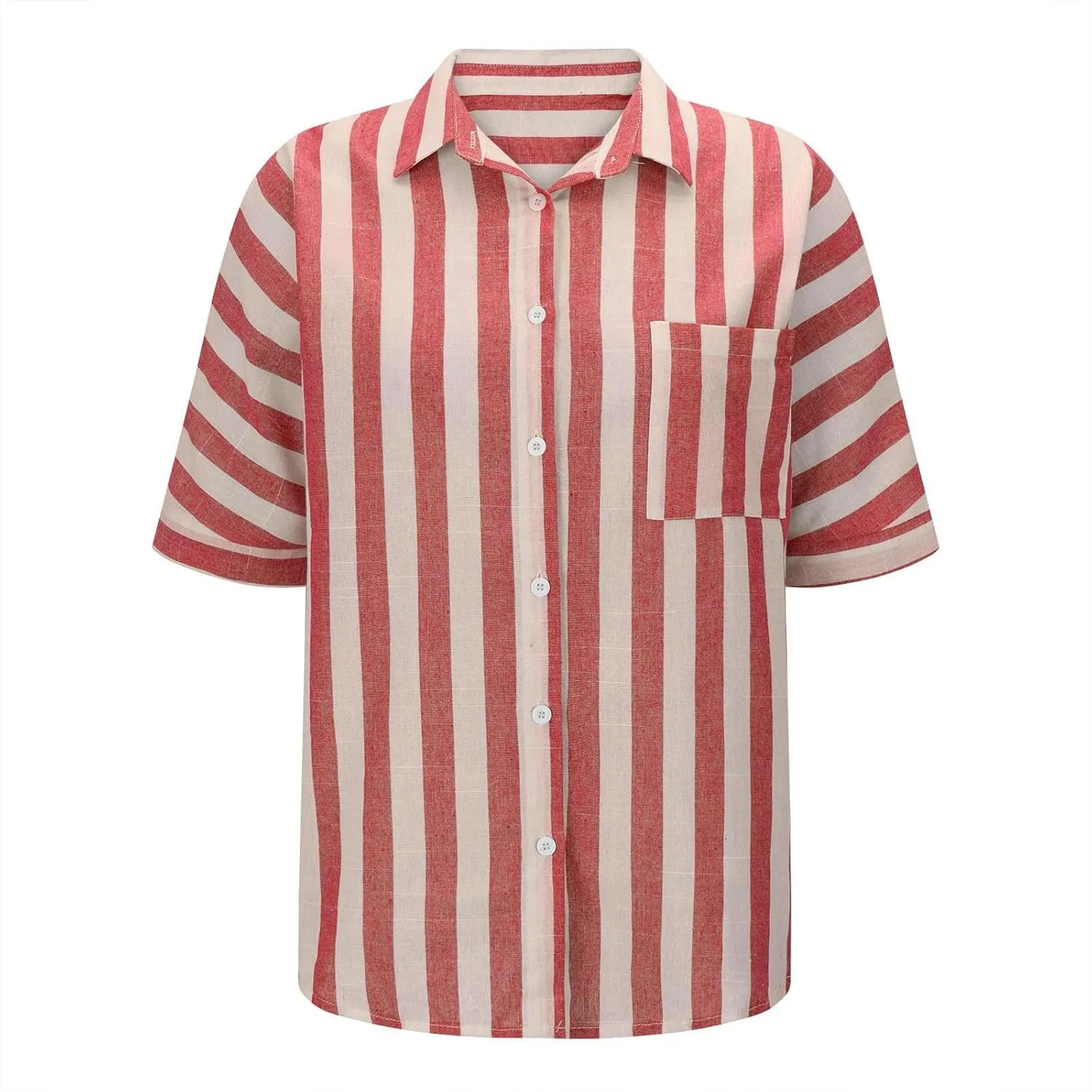 Women Striped Button Down Shirts Cotton Linen Blouse Tops Short Sleeve Collar Guaze Shirt Trendy Vacation Work Clothes