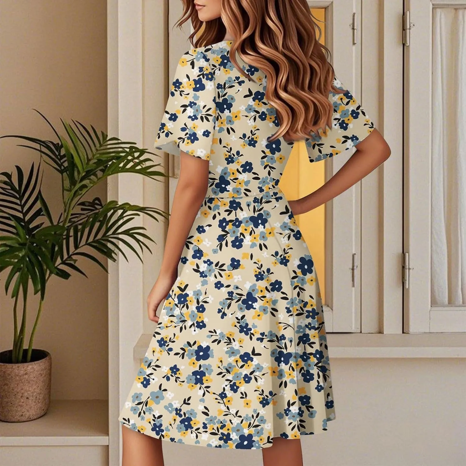 Women Summer Dresses 2025 Short Sleeve V Neck Tiered Ruffle Boho Swing Dress A-Line Floral Mini Dresses