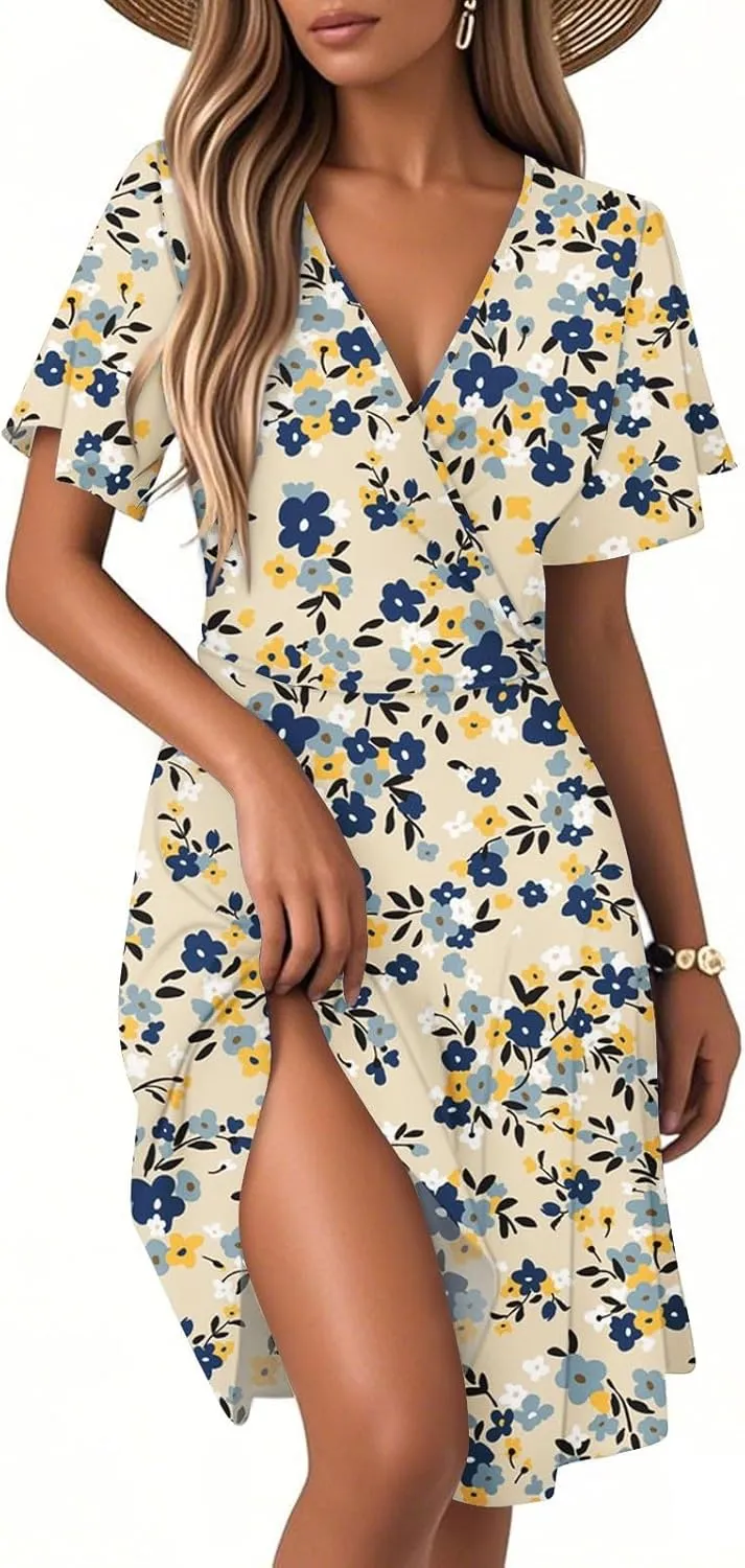 Women Summer Dresses 2025 Short Sleeve V Neck Tiered Ruffle Boho Swing Dress A-Line Floral Mini Dresses
