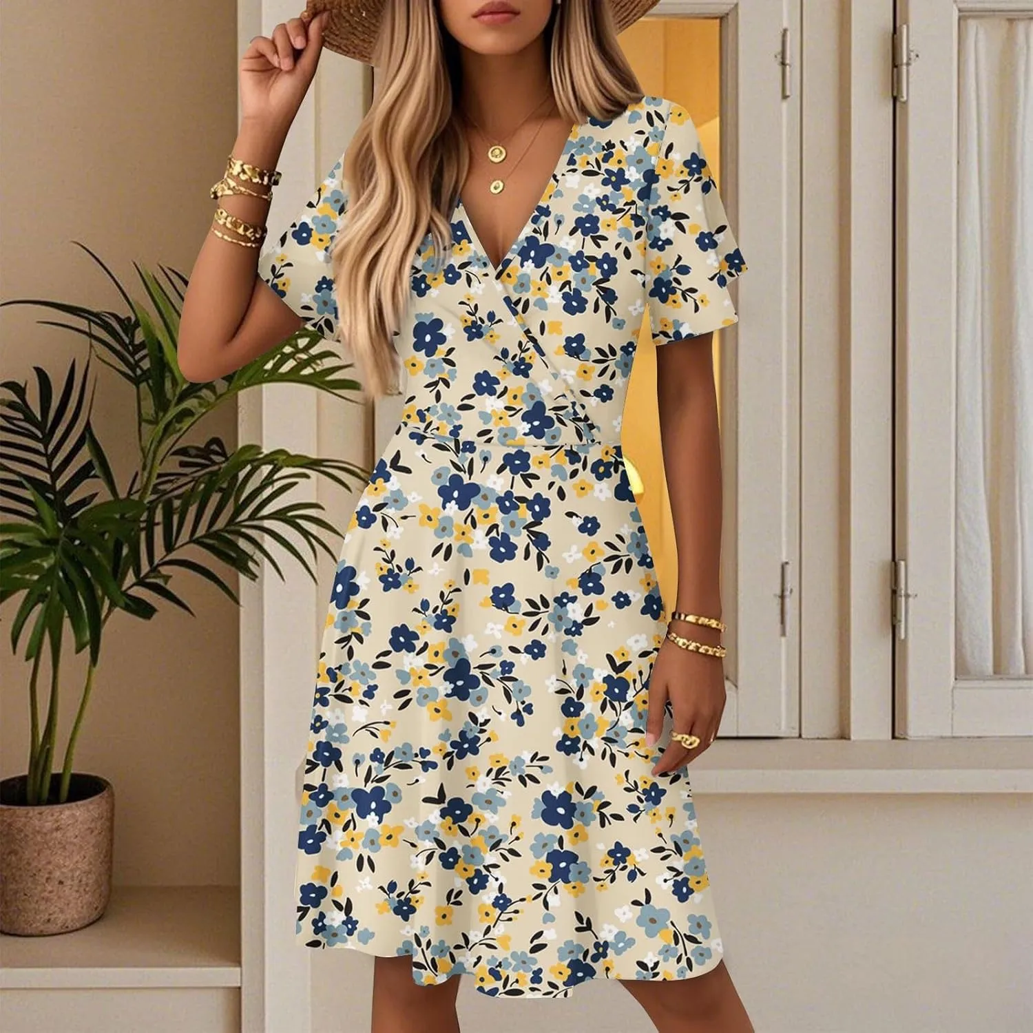 Women Summer Dresses 2025 Short Sleeve V Neck Tiered Ruffle Boho Swing Dress A-Line Floral Mini Dresses