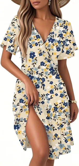 Women Summer Dresses 2025 Short Sleeve V Neck Tiered Ruffle Boho Swing Dress A-Line Floral Mini Dresses