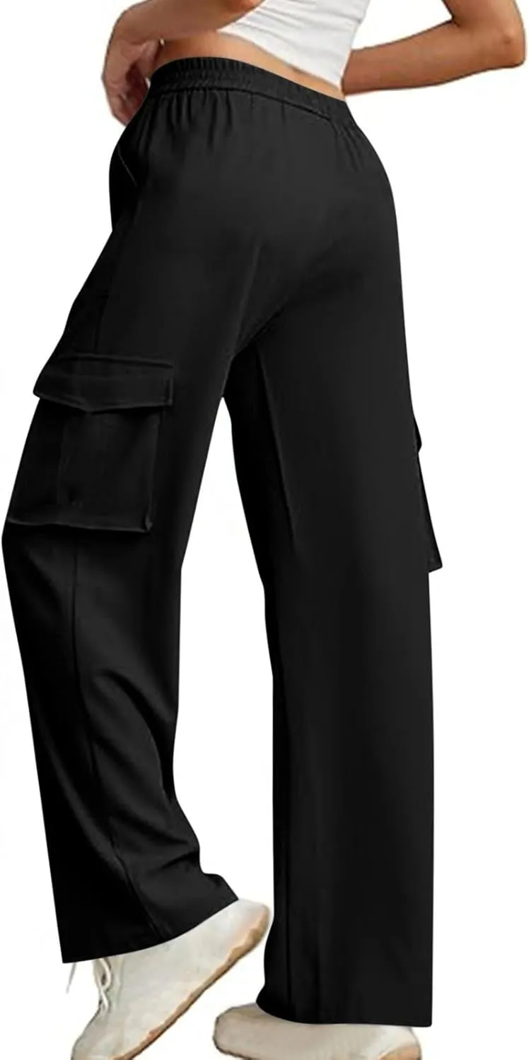 Women Summer Elastic Waist Cargo Pants Wide Leg Casual Pants Relaxed Fit Straight Leg Slack Trendy Y2K Trousers