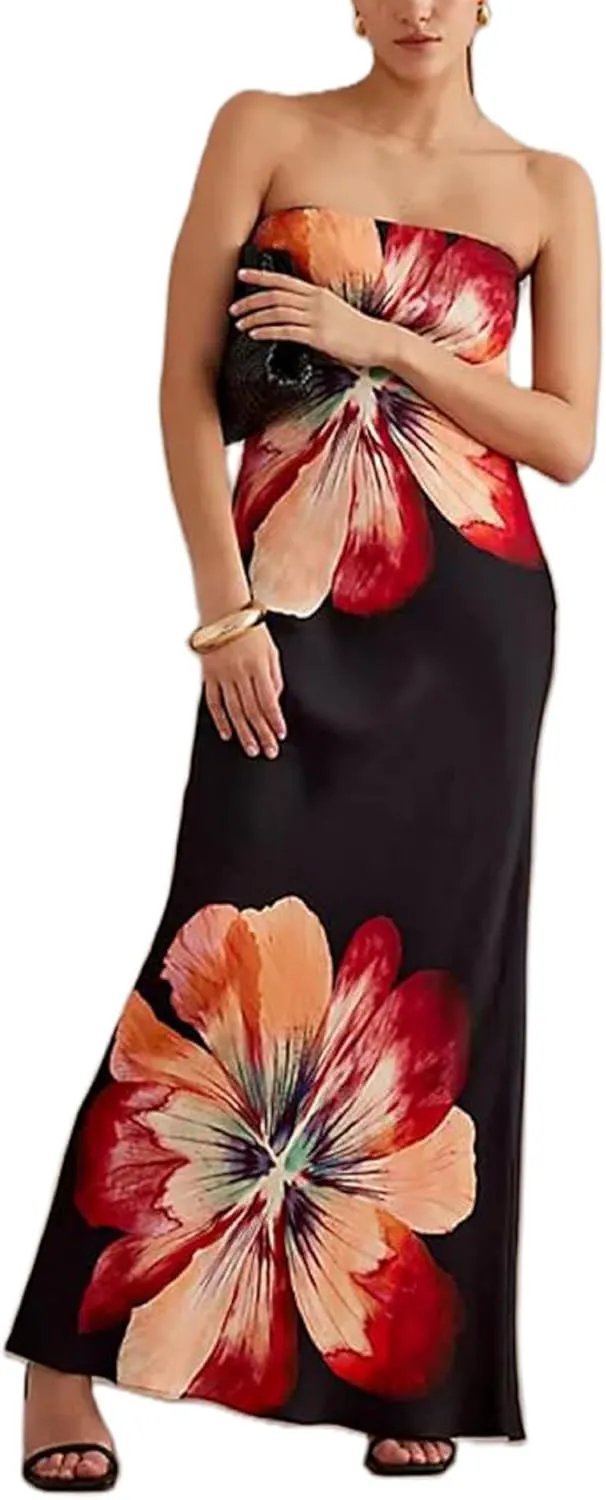 Women Summer Floral Maxi Dress Sexy Backless Bodycon Long Dresses with Scarf Formal Cocktail Tube Sundress