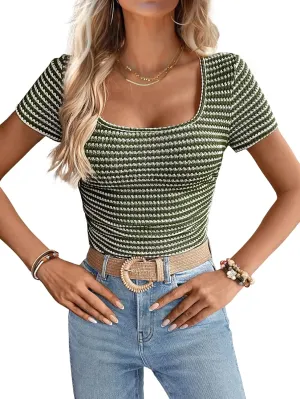 Women Summer Short Sleeve Shirts Ruched Tops Sexy Square Neck Blouses Going Out Knit T Shirt Basic Tees