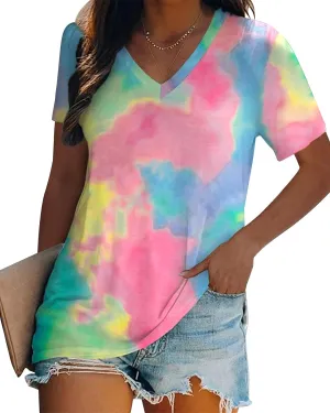 Women Tie Dye V-Neck Shirts Summer Vintage Tunic Tops Fashion Casual Swing Short Sleeve Shirts Blouse Soft Tee