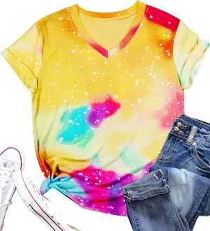 Women Tie Dye V-Neck Shirts Summer Vintage Tunic Tops Fashion Casual Swing Short Sleeve Shirts Blouse Soft Tee