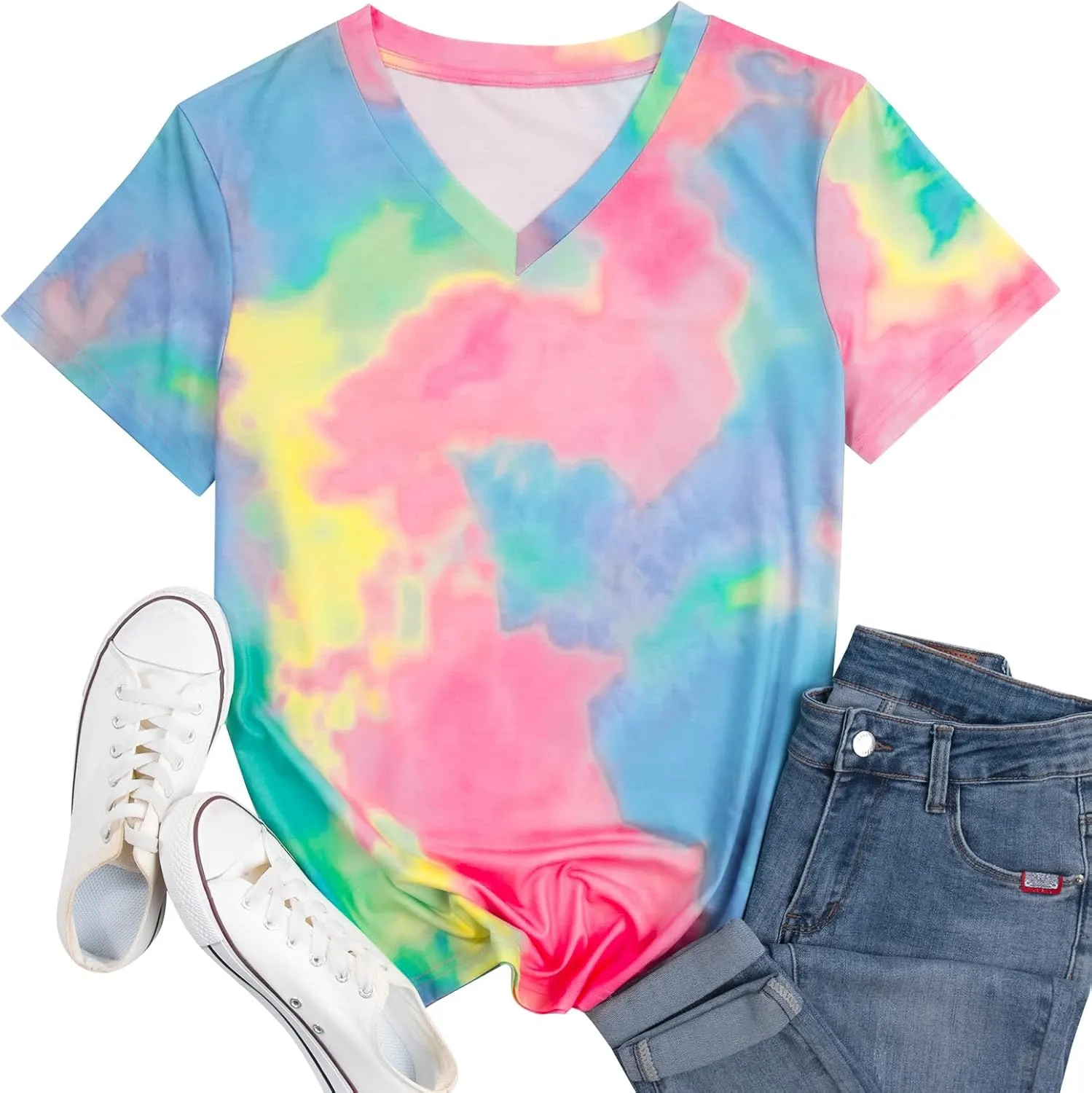 Women Tie Dye V-Neck Shirts Summer Vintage Tunic Tops Fashion Casual Swing Short Sleeve Shirts Blouse Soft Tee