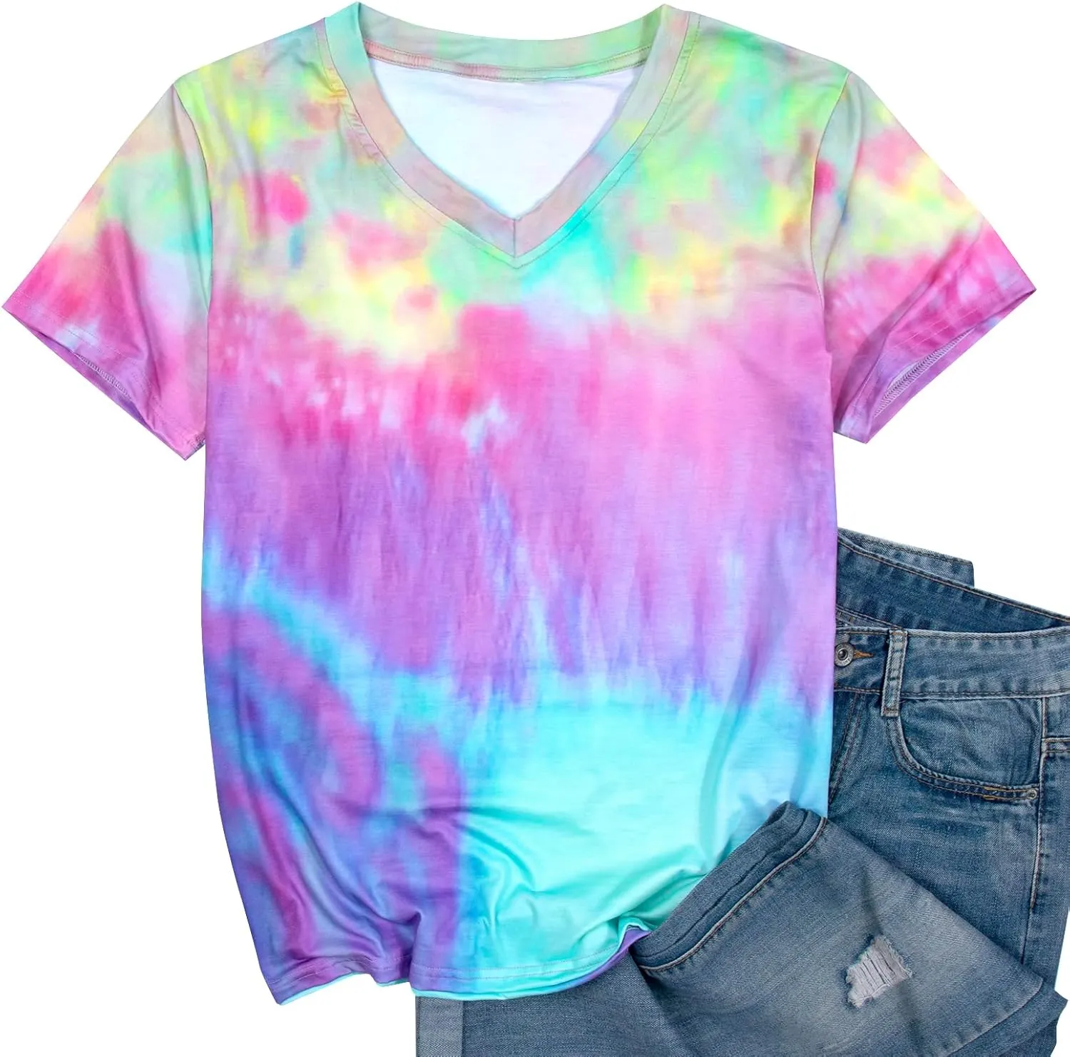 Women Tie Dye V-Neck Shirts Summer Vintage Tunic Tops Fashion Casual Swing Short Sleeve Shirts Blouse Soft Tee