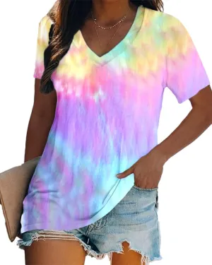 Women Tie Dye V-Neck Shirts Summer Vintage Tunic Tops Fashion Casual Swing Short Sleeve Shirts Blouse Soft Tee