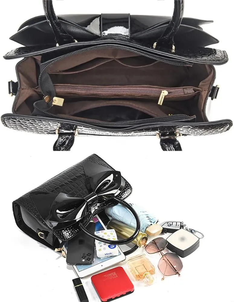 Women Tote Top-handle Bag Patent PU Leather Crosssbody Shoulder Bag Purse Bowknot Handbag Satchel